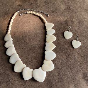 Carved Bovine Bone heart shaped & beaded necklace with matching earrings!